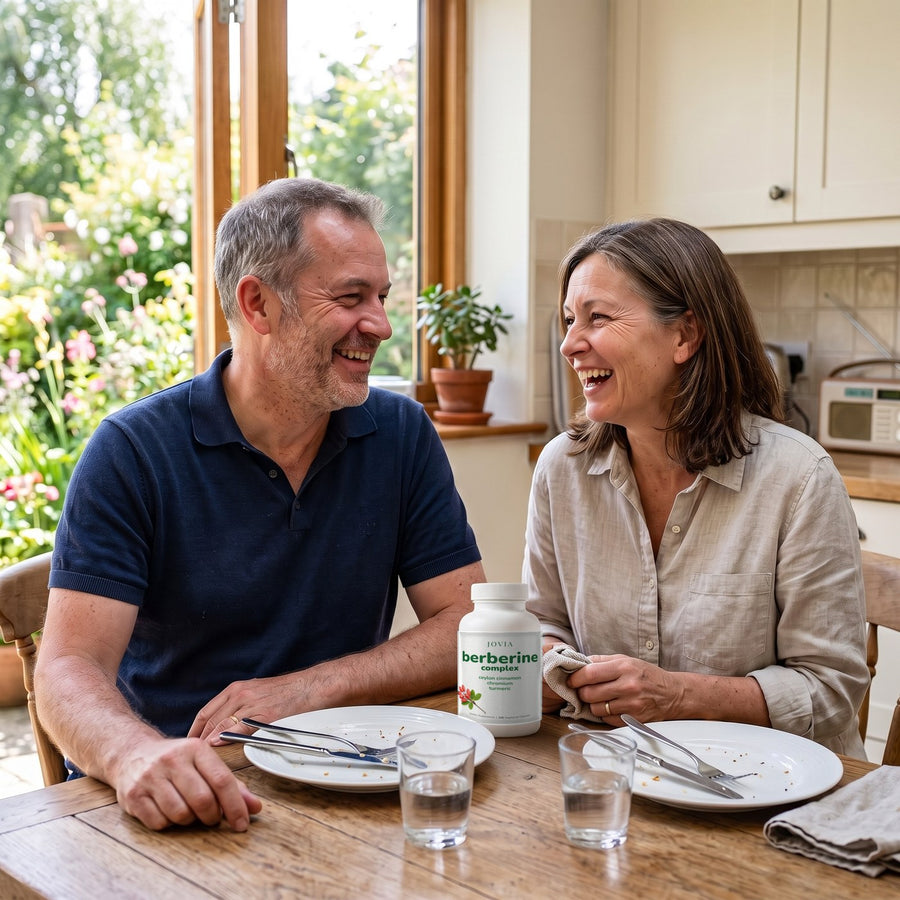 Couple laughing at their kitchen table after lunch