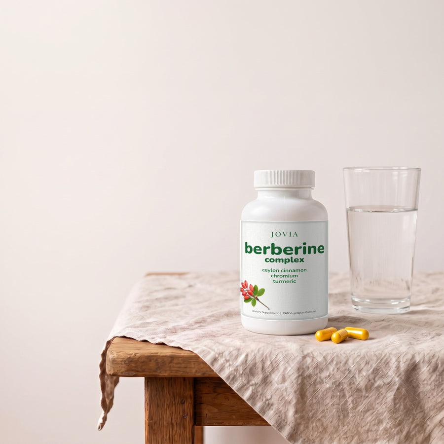 Jovia Berberine Complex on a table with a glass of water