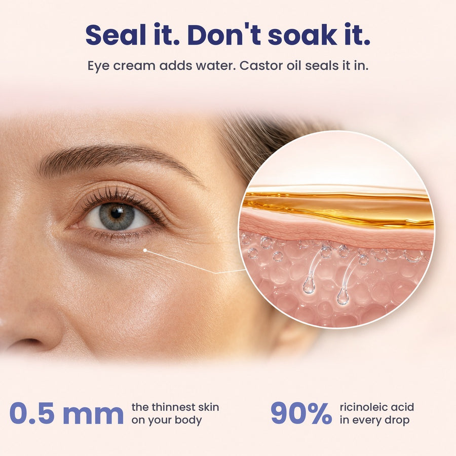 Castor oil locking moisture into thin under-eye skin
