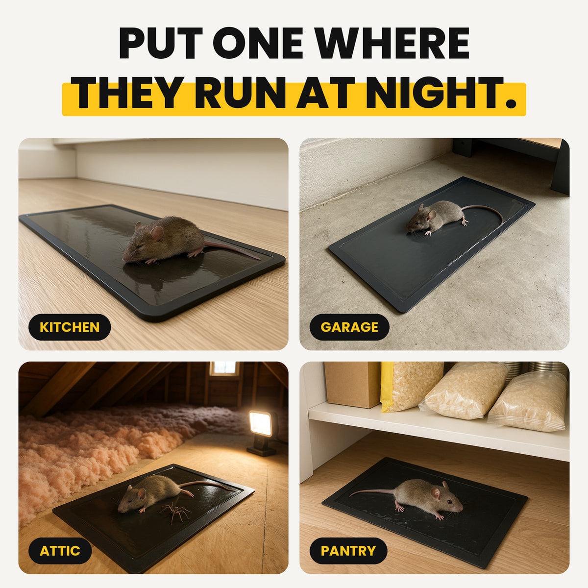Put one where they run at night: kitchen, garage, attic, pantry