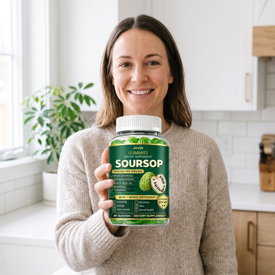 Woman holding a jar of Jovia Soursop Gummies in a bright kitchen