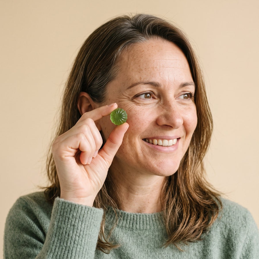 Woman holding a jar of Jovia Soursop Gummies in a bright kitchen