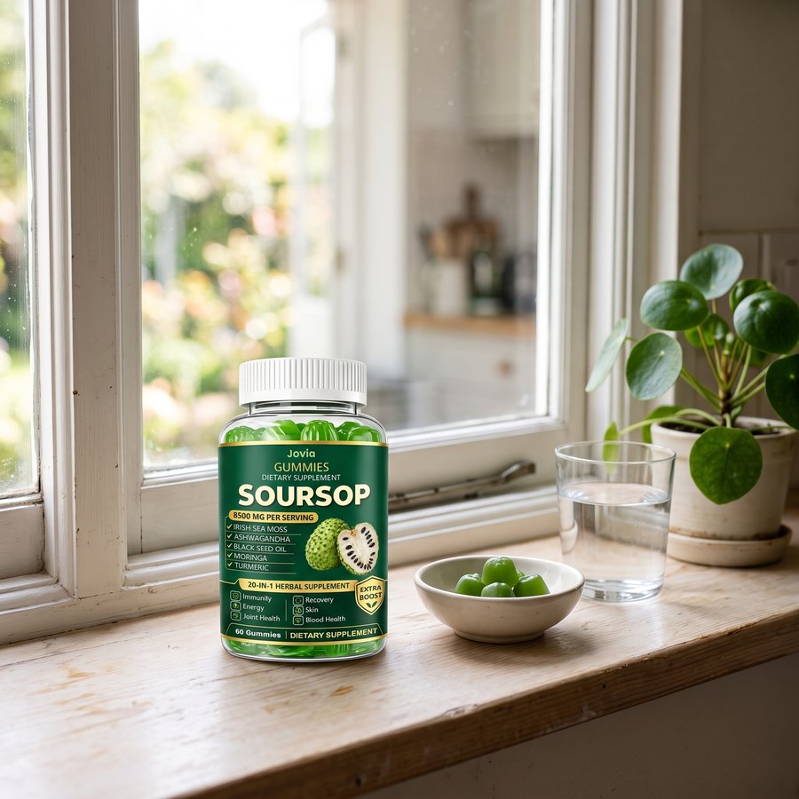 Jovia Soursop Gummies on a kitchen windowsill
