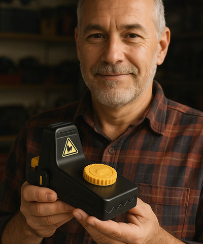 Smiling man holding a Jovia trap at home
