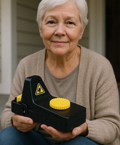 Smiling older woman holding a Jovia trap on her porch