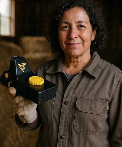 Smiling woman holding a Jovia trap in her barn