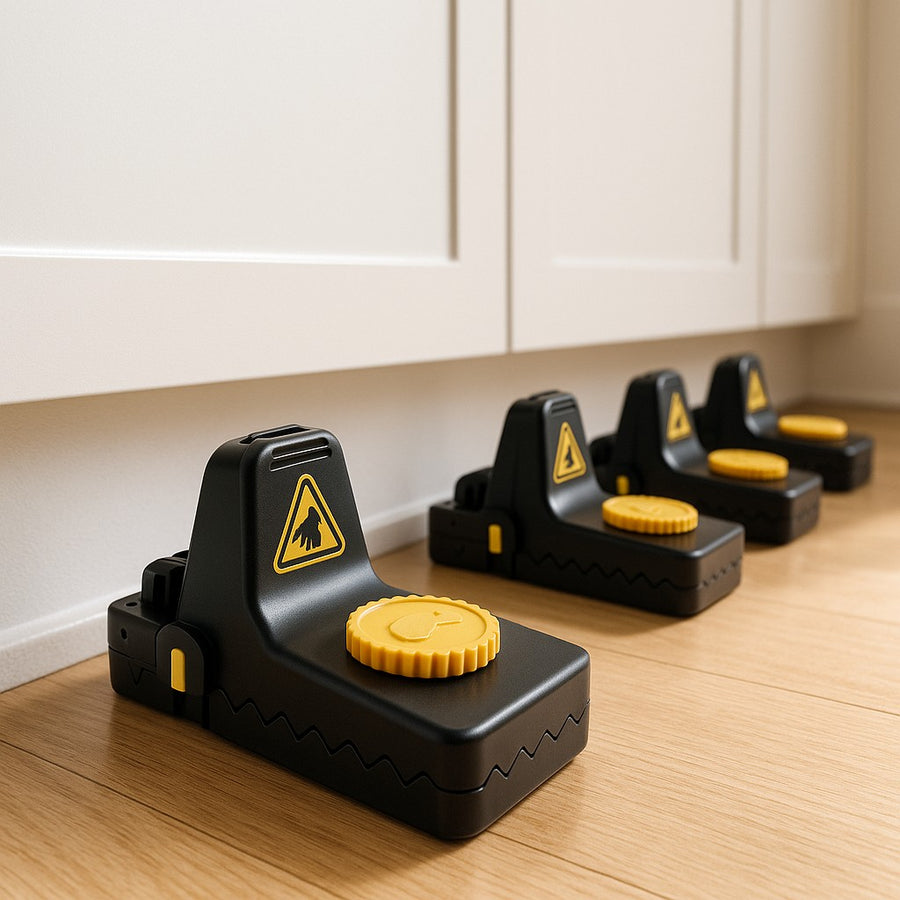 Four Jovia covered snap traps set in a row along the kitchen baseboard