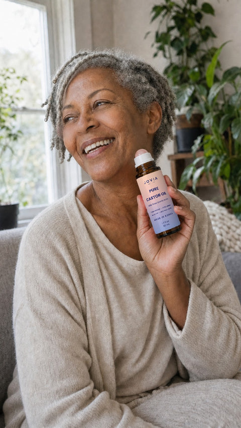 Woman holding Jovia Pure Castor Oil