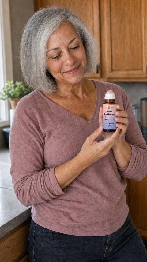 Woman holding Jovia Pure Castor Oil
