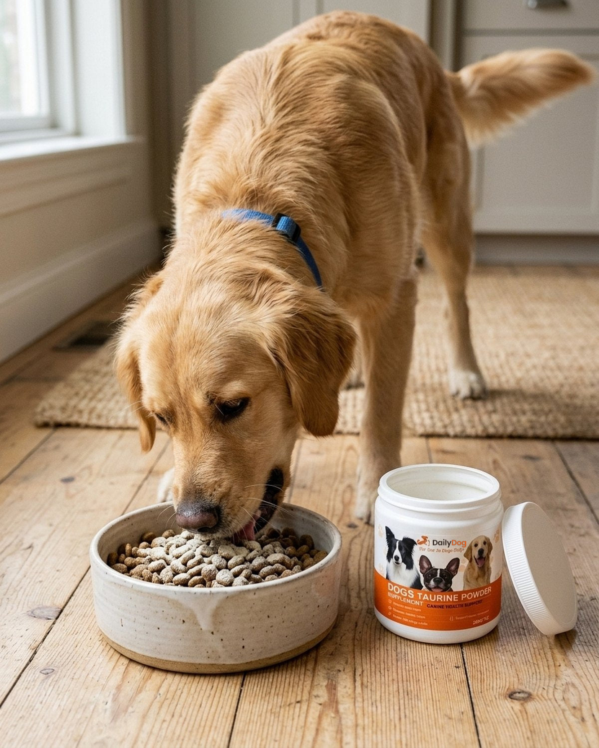 Golden retriever eating kibble dusted with DailyDog taurine powder, tub beside the bowl