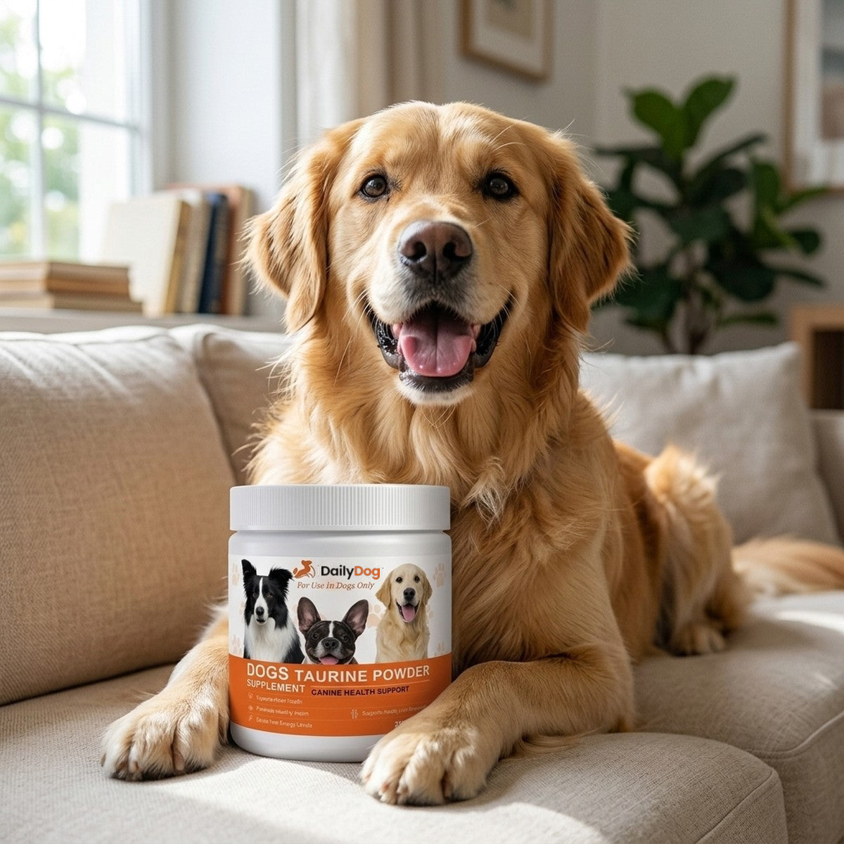 Happy golden retriever on a sofa with a jar of DailyDog Dogs Taurine Powder