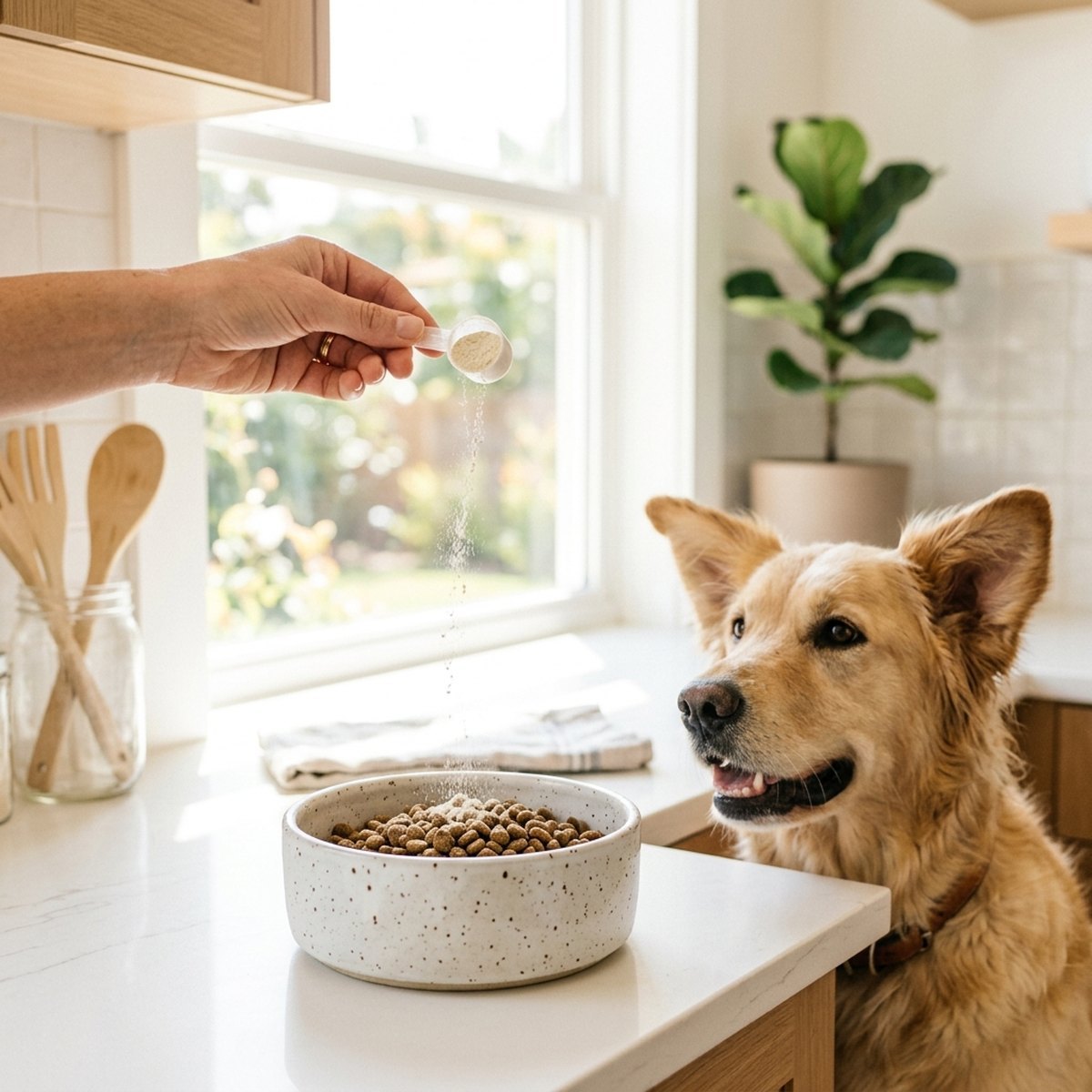 A small scoop of DailyDog powder poured over a bowl of kibble while a golden retriever watches