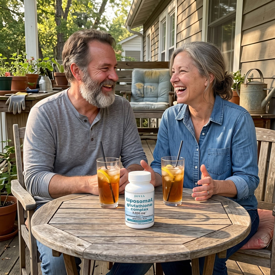 Couple in their fifties laughing on their back porch