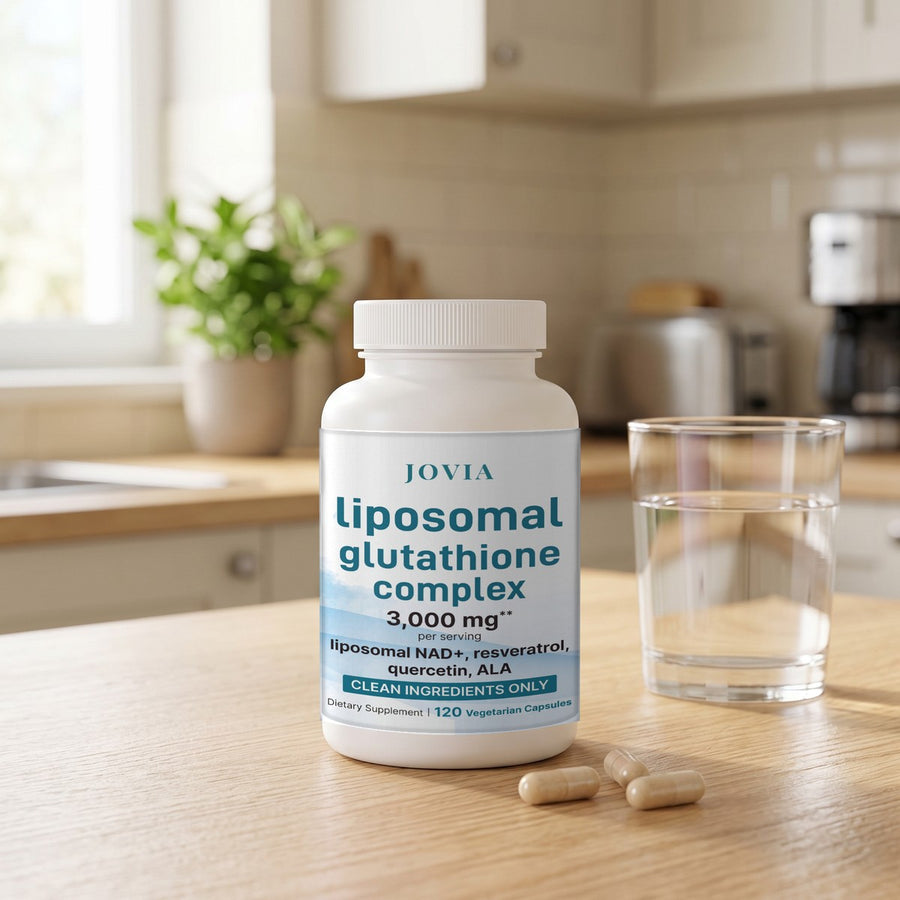 Jovia Liposomal Glutathione Complex on a table with a glass of water