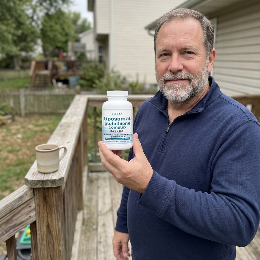 Man in his fifties holding Jovia Liposomal Glutathione Complex