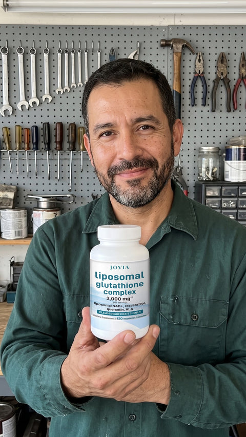 Man holding Jovia Liposomal Glutathione Complex