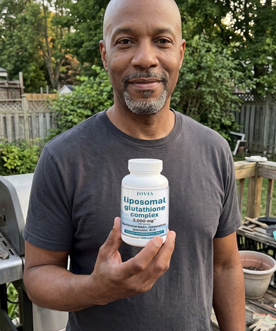 Man holding Jovia Liposomal Glutathione Complex