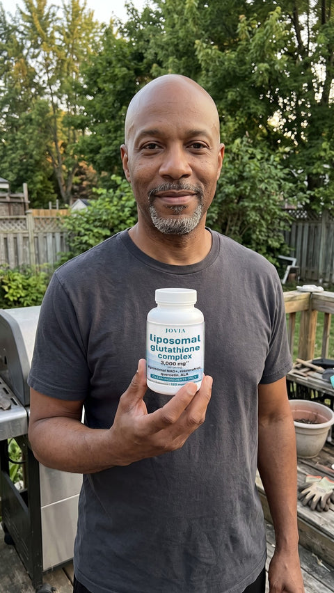 Man holding Jovia Liposomal Glutathione Complex