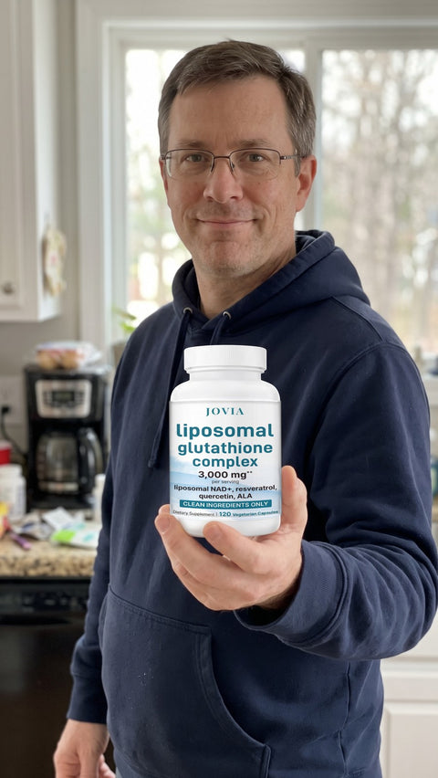 Man holding Jovia Liposomal Glutathione Complex