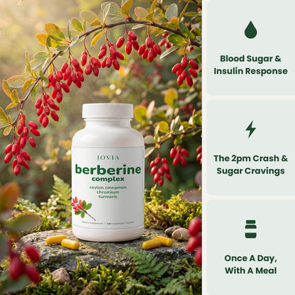 Jovia Berberine Complex bottle with barberry, supports healthy blood sugar and the 2pm crash