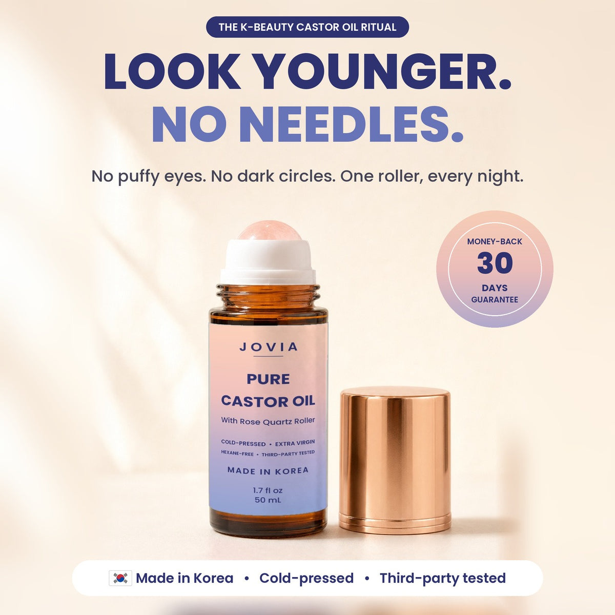 Jovia Pure Castor Oil with rose quartz roller: no puffy eyes, no dark circles, no needles