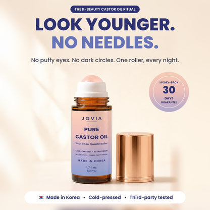 Jovia Pure Castor Oil with rose quartz roller: no puffy eyes, no dark circles, no needles