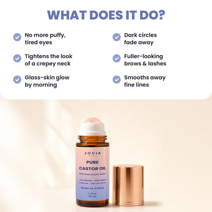 What Jovia castor oil does: puffy eyes, dark circles, neck, brows, lashes, glow, fine lines