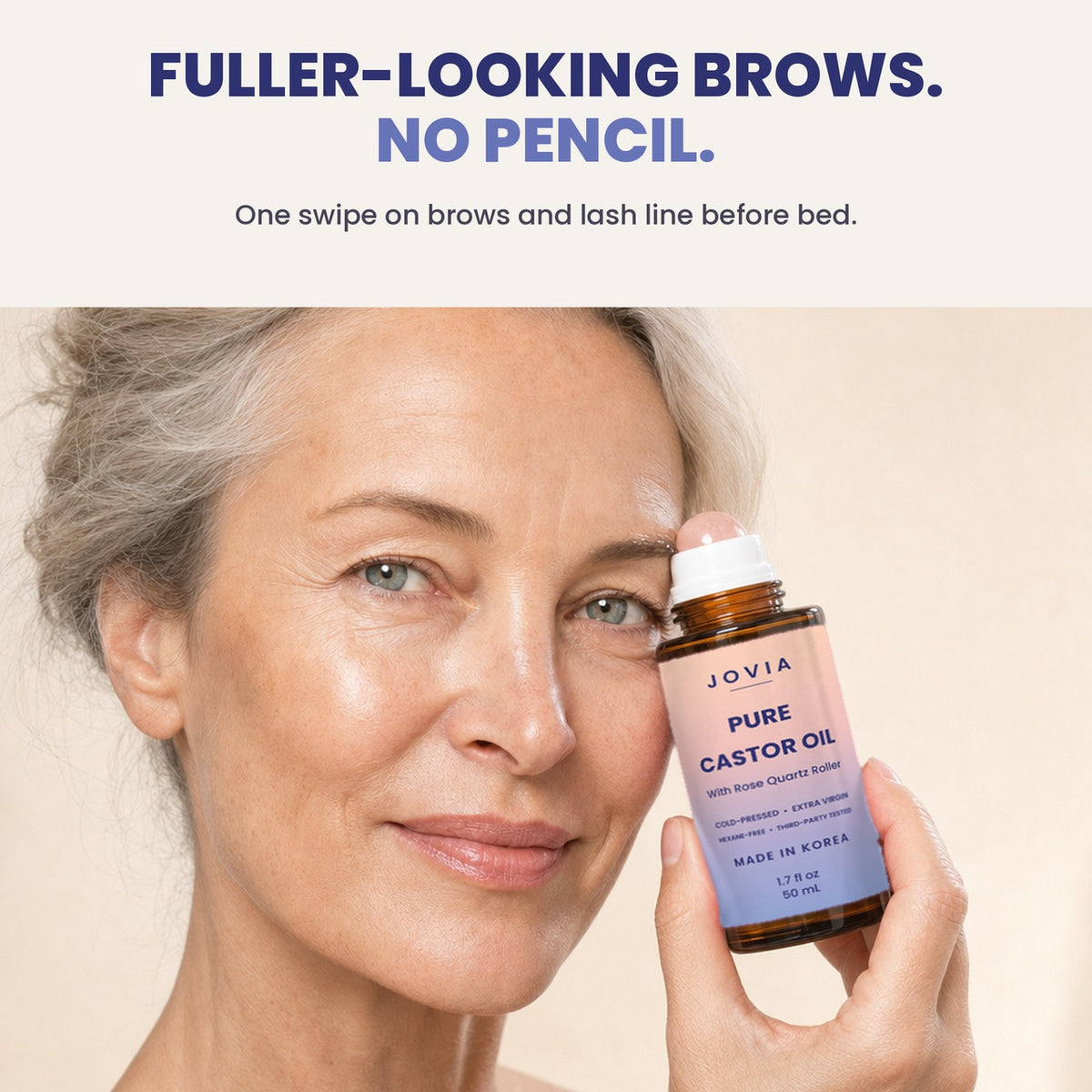 Rolling Jovia castor oil on the eyebrows for fuller-looking brows