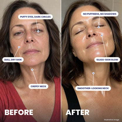 Before and after a castor oil routine: puffy eyes and dark circles (illustrative image)