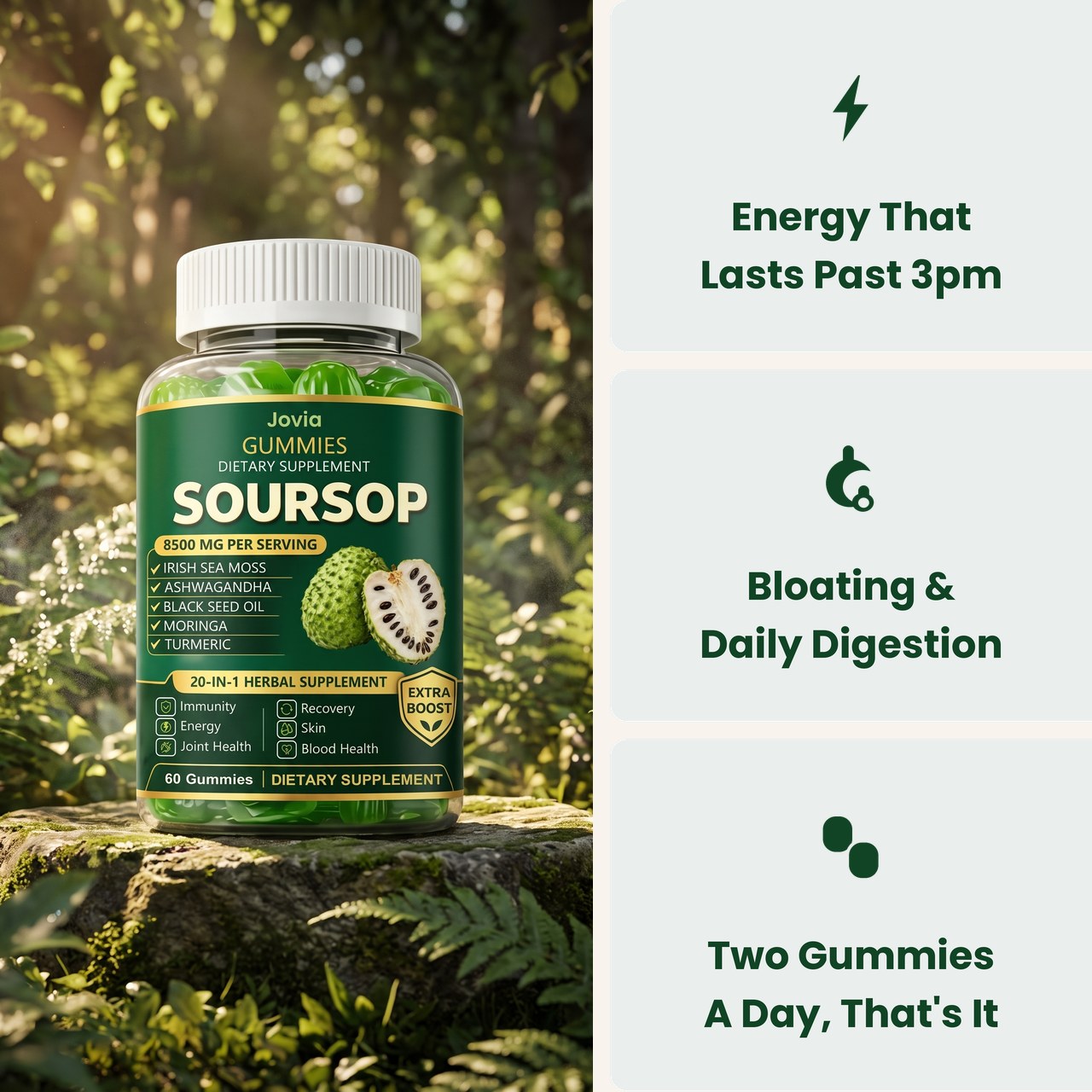 Jovia Soursop Gummies: 8,500 mg per serving, 20 ingredients on one clean label, two gummies a day
