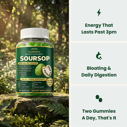 Jovia Soursop Gummies: 8,500 mg per serving, 20 ingredients on one clean label, two gummies a day