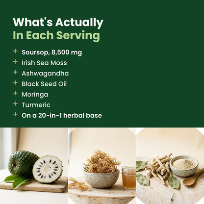 What is in each serving of Jovia: soursop 8,500 mg, Irish sea moss, ashwagandha, black seed oil, moringa, turmeric