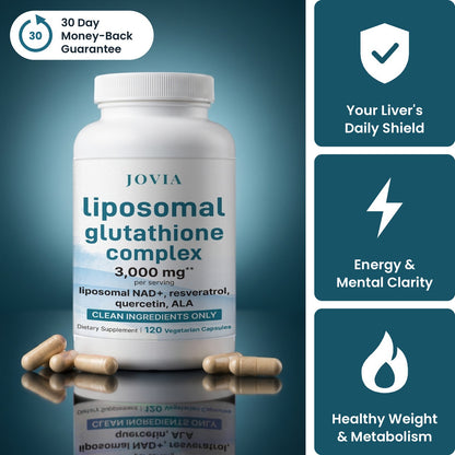 Jovia Liposomal Glutathione bottle with a 30-day money-back guarantee: your liver's daily shield, energy and mental clarity, healthy weight and metabolism