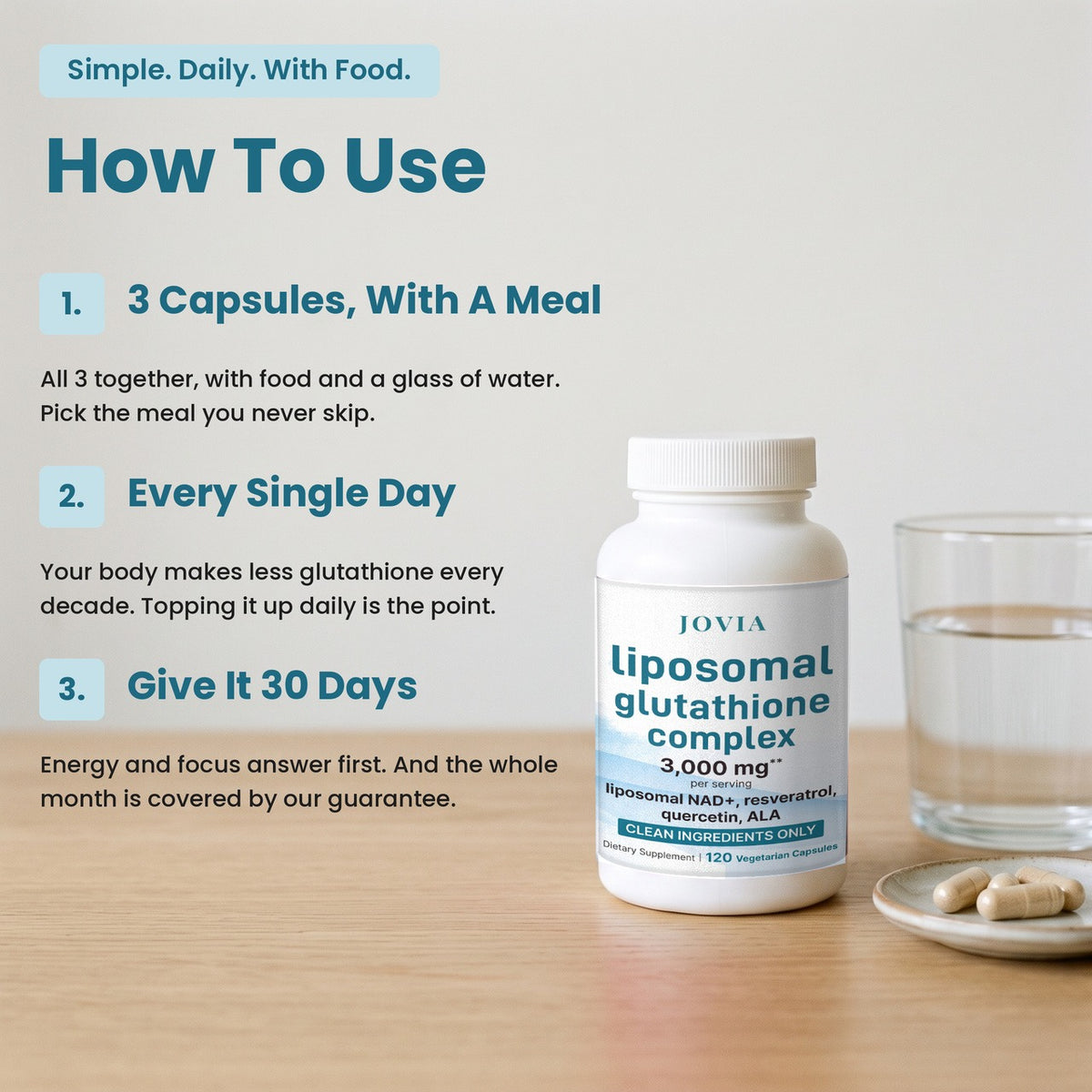 How to use Jovia Liposomal Glutathione Complex: 3 capsules with a meal