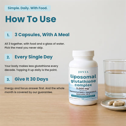 How to use Jovia Liposomal Glutathione Complex: 3 capsules with a meal