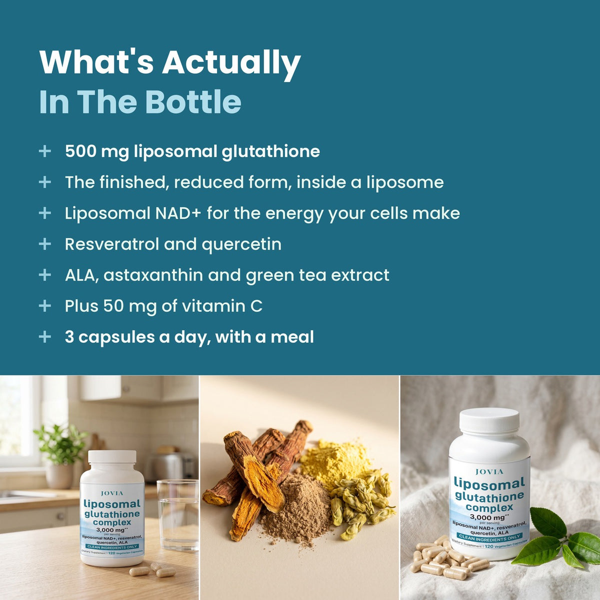 What's in the bottle: 500 mg liposomal glutathione, NAD+, resveratrol, quercetin, ALA