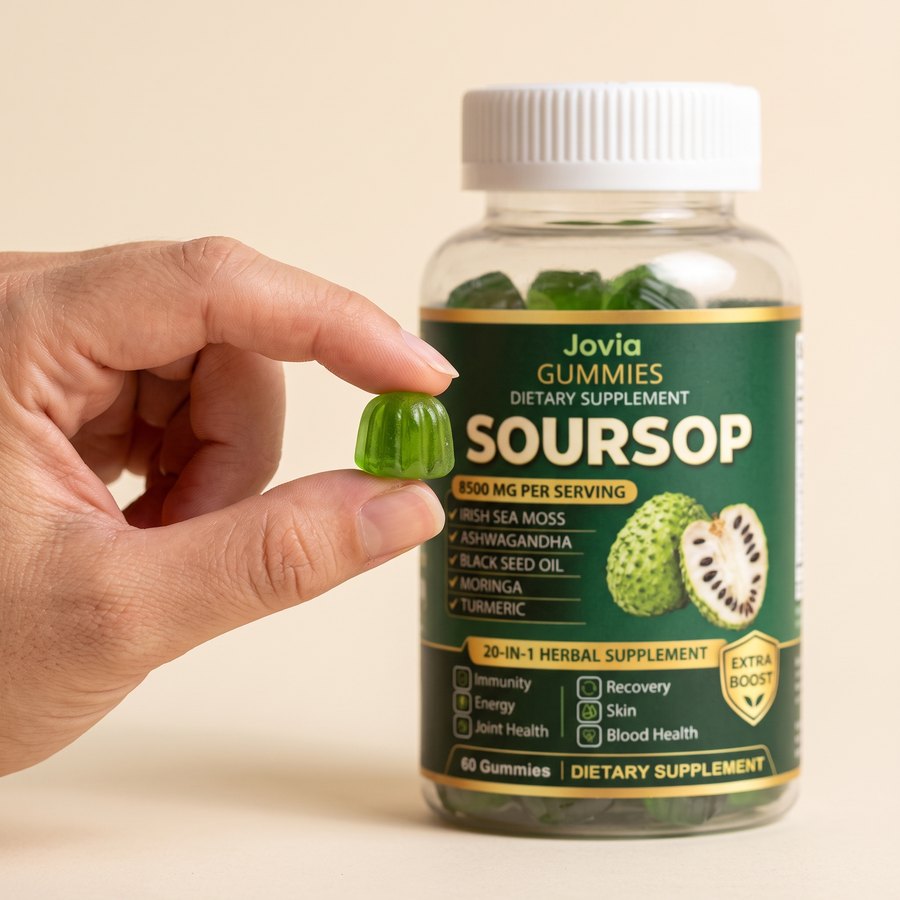 A single soursop gummy held in front of the Jovia jar