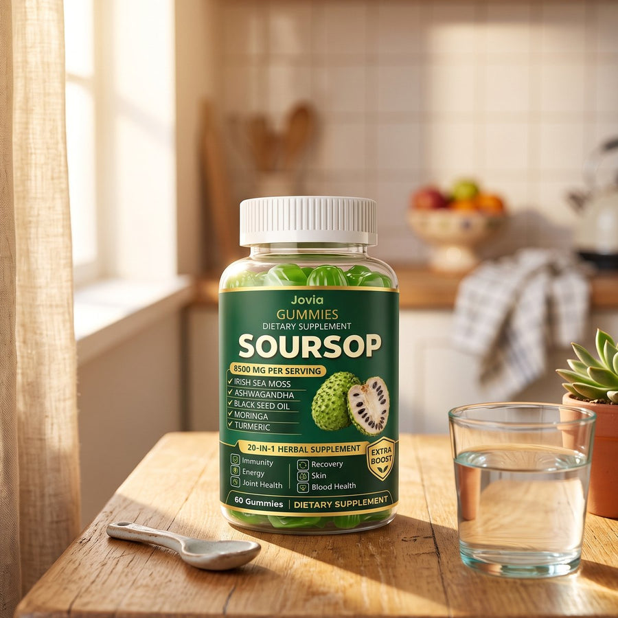 Jovia Soursop Gummies on a kitchen windowsill