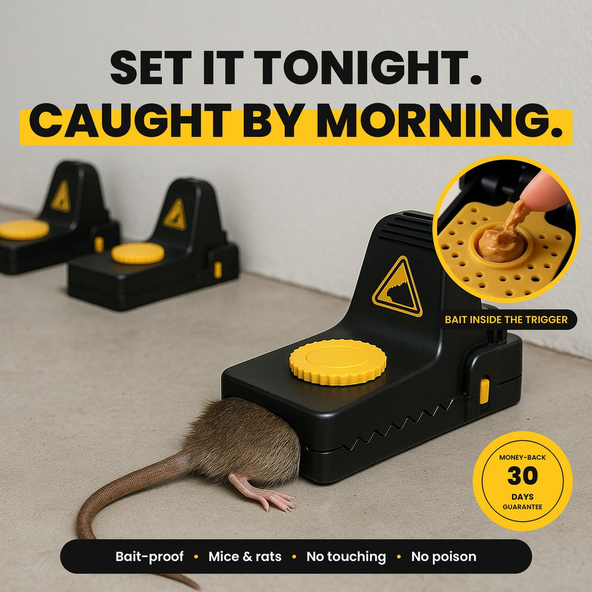 Set it tonight, caught by morning: Jovia covered snap trap closed on a rat