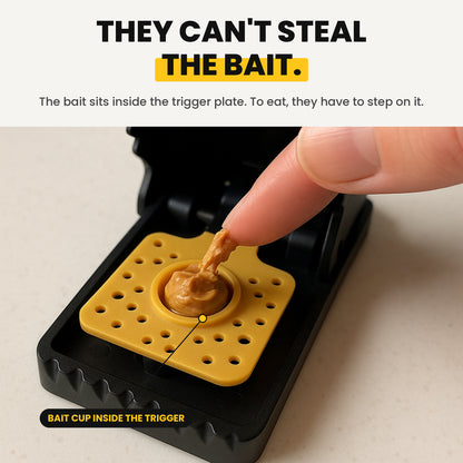 They can't steal the bait: the bait cup sits inside the trigger plate