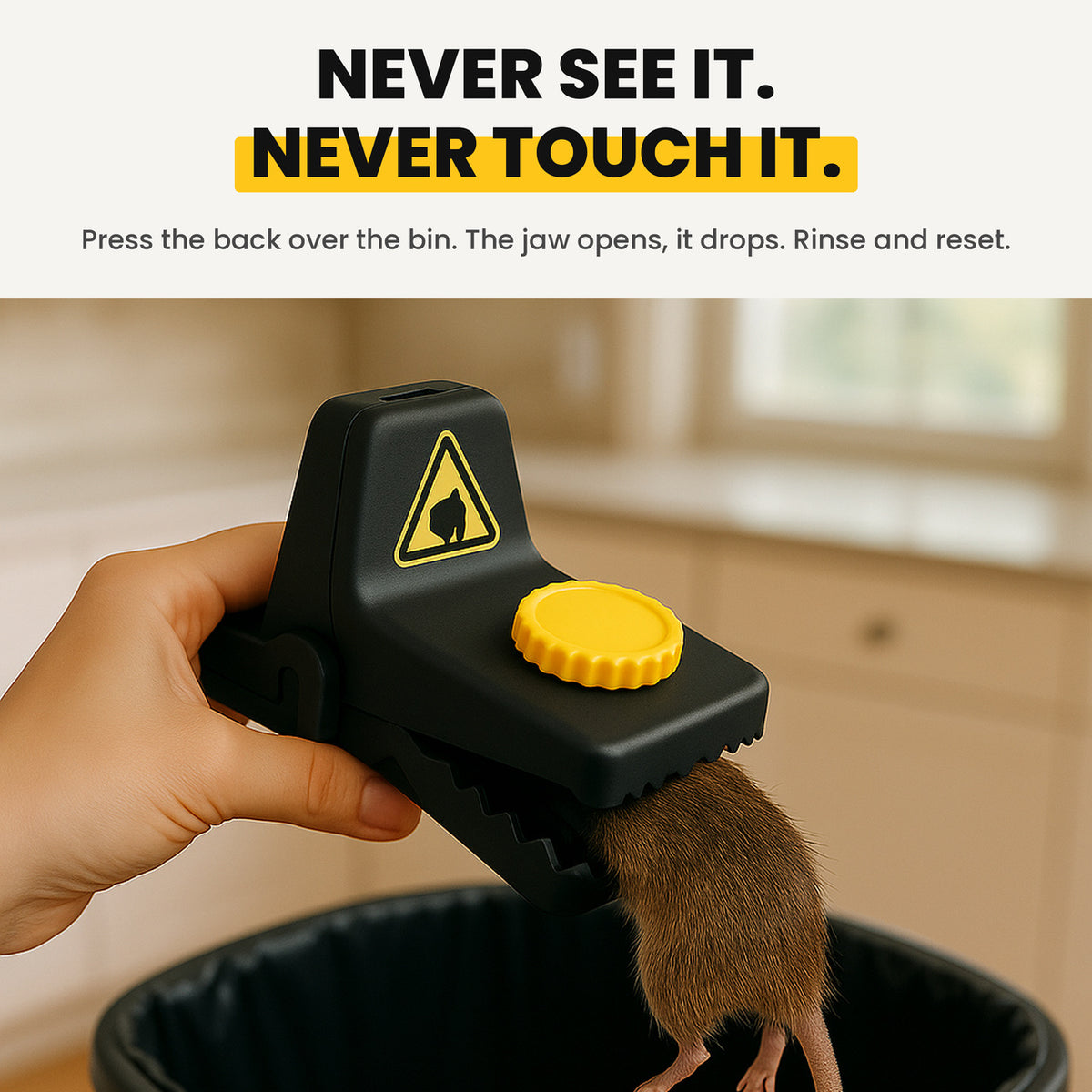 Never see it, never touch it: tip the trap over the bin