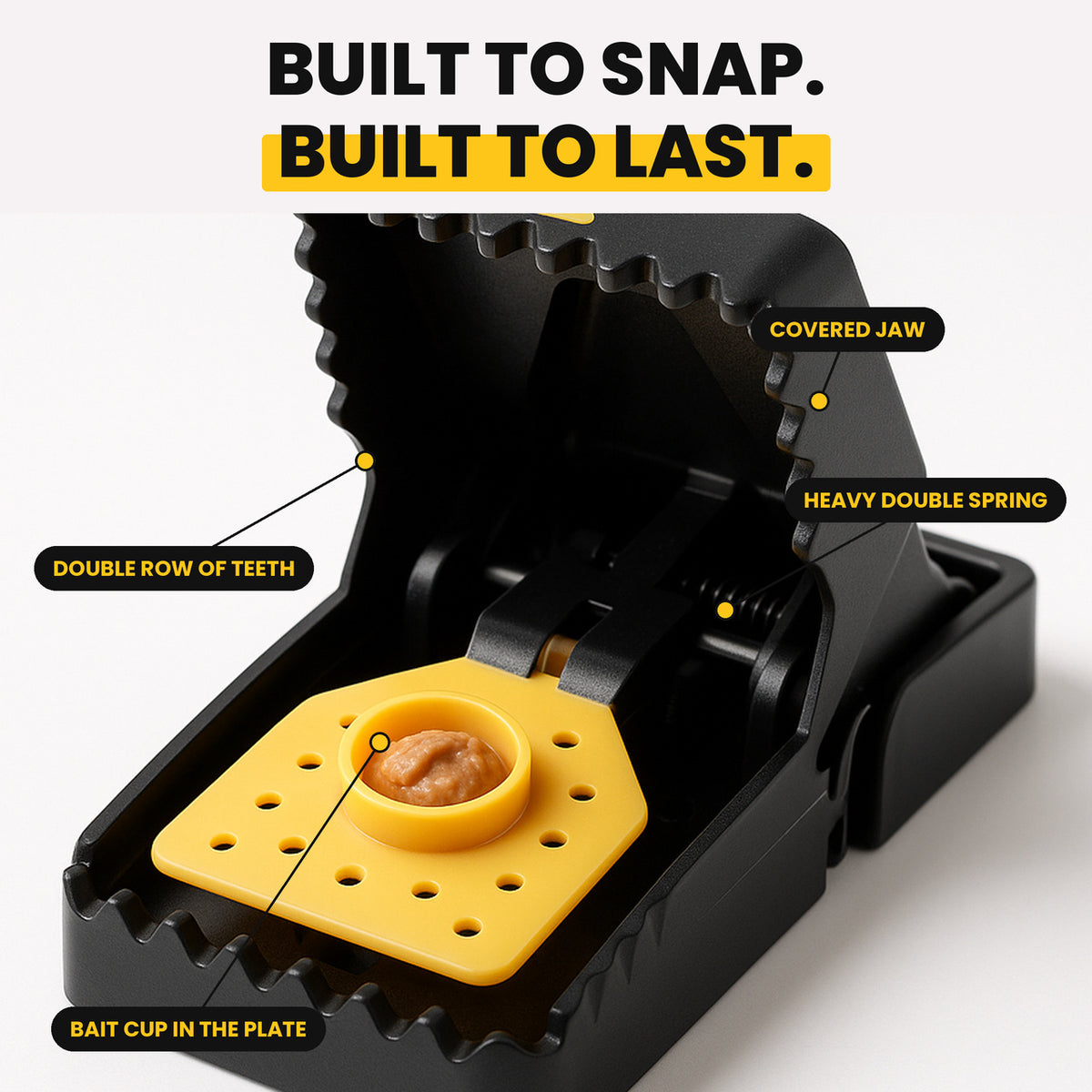 Built to snap, built to last: teeth, spring, bait cup, covered jaw
