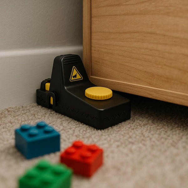 Jovia trap tucked against the wall under a kids' dresser