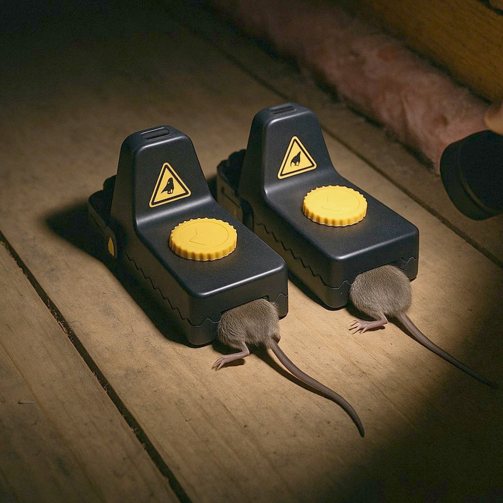 Two Jovia traps in the attic, each with a mouse caught