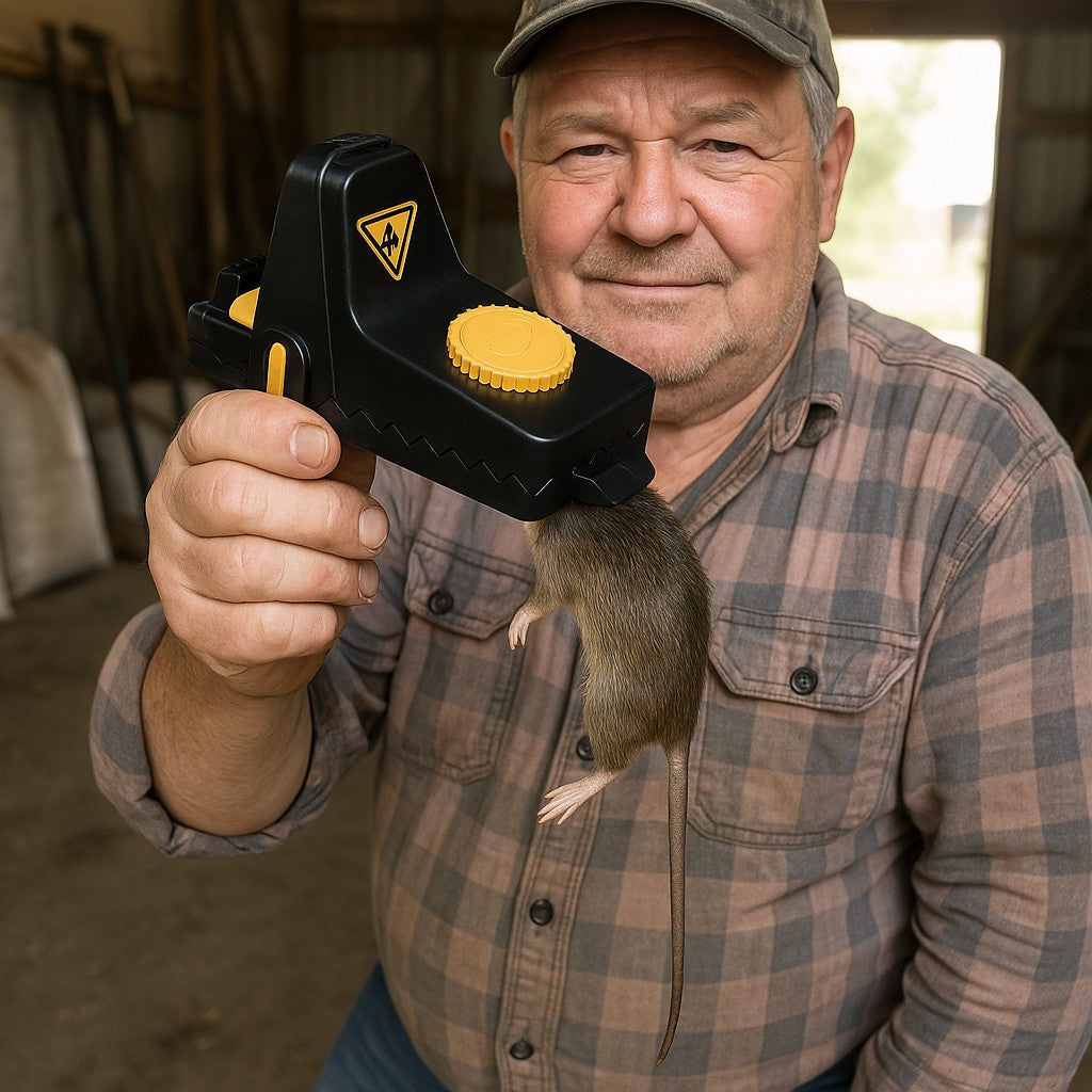 Farmer in his barn holding up a Jovia trap with a rat caught