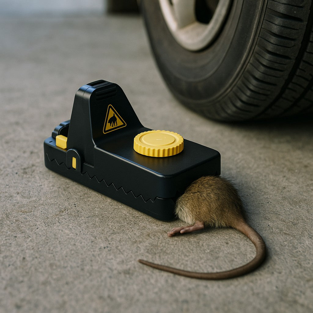 Large Jovia trap with a rat caught next to a car tire in the garage