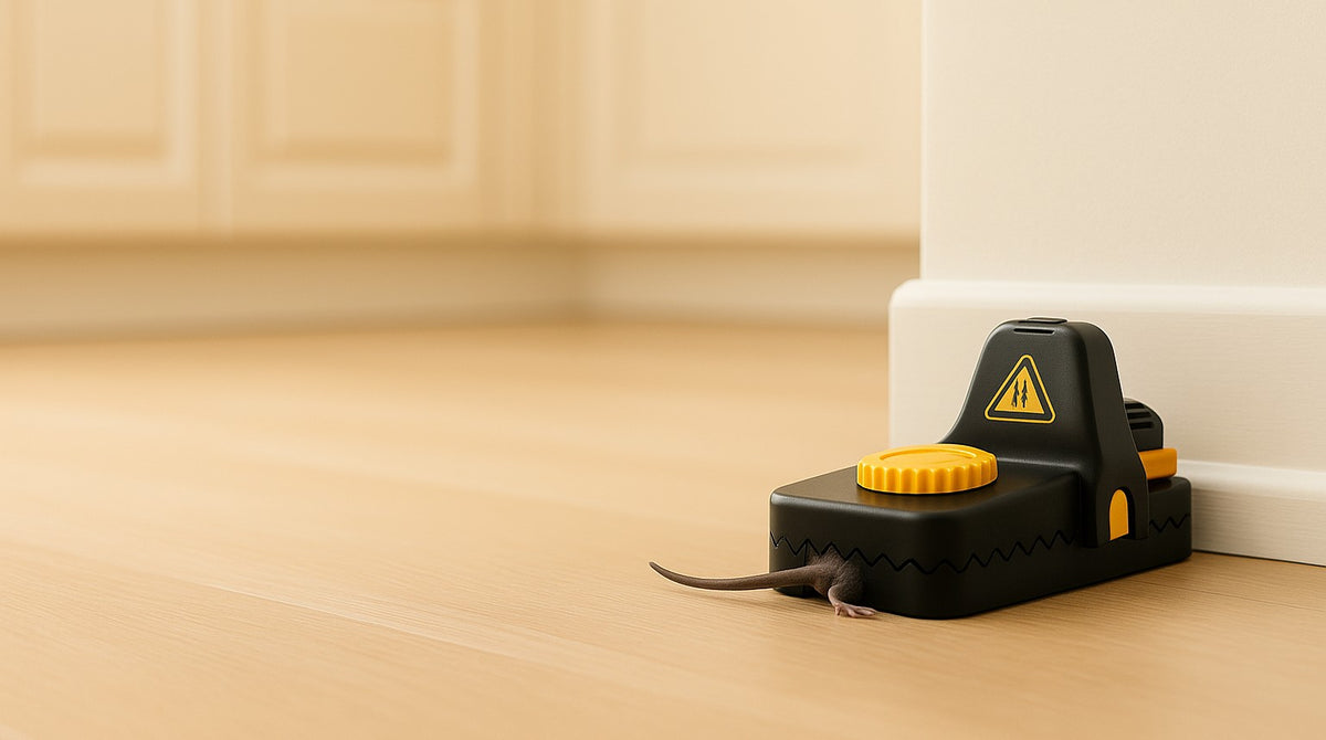 Jovia covered snap trap against the kitchen baseboard, snapped shut on a mouse
