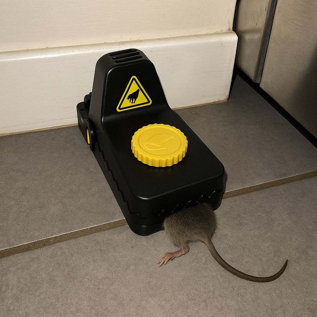 Jovia trap beside the fridge with a mouse caught overnight