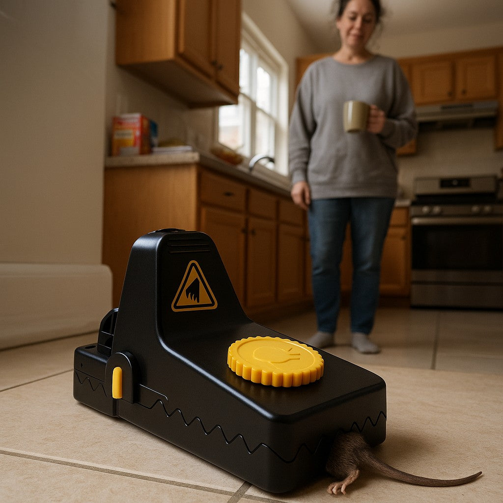 Jovia trap with a mouse caught on the kitchen floor, a woman with her morning coffee behind