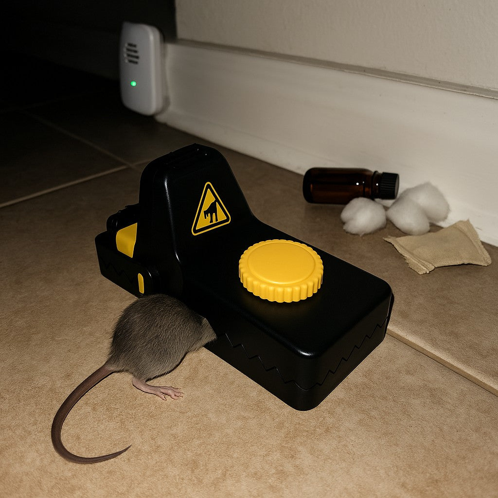 Jovia trap with a caught mouse next to an ultrasonic plug-in and peppermint oil that did not work